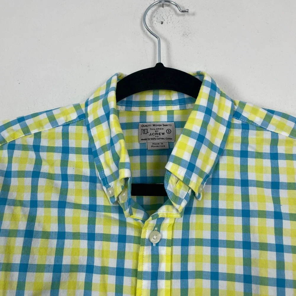 J. Crew Men's Sz S Yellow‎ and Blue Plaid Button Up Career Collared Shirt Cotton